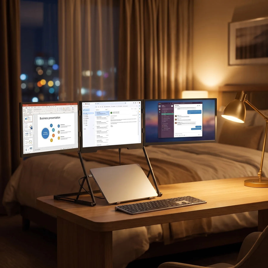 Le poste déplié sur un bureau de chambre d'hôtel, le soir