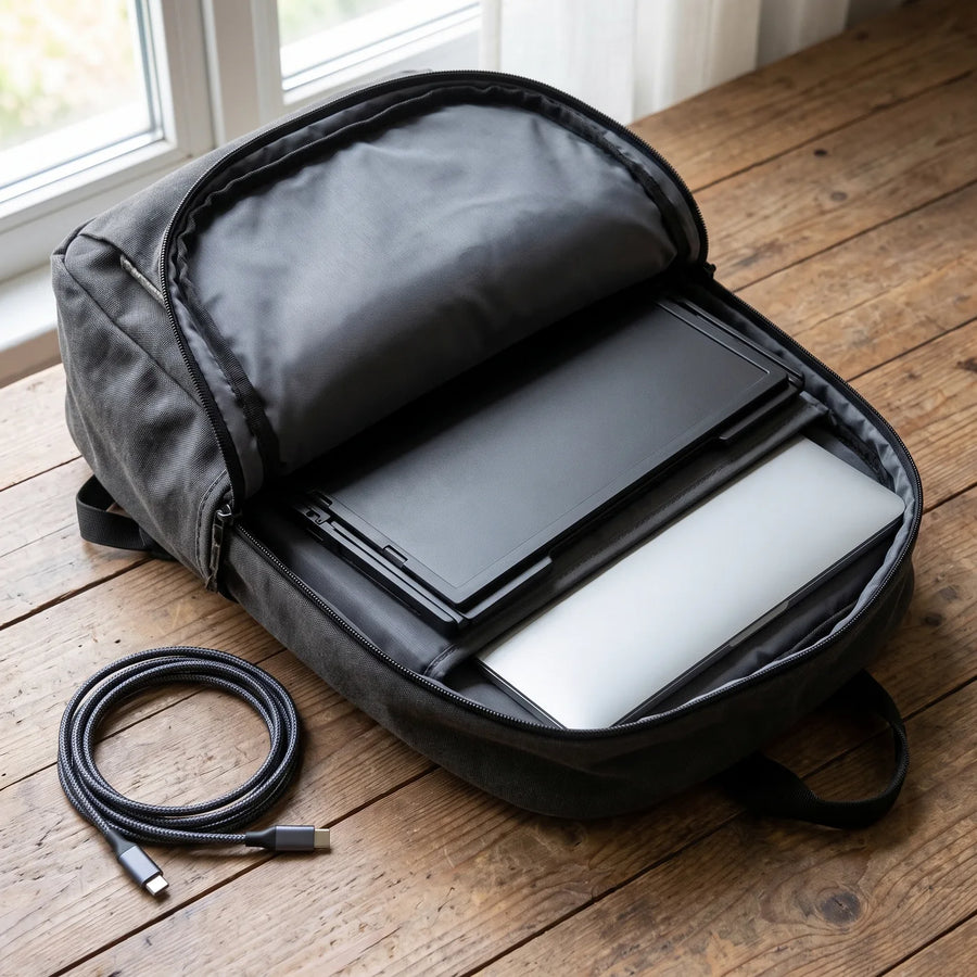 Le poste replié dans le compartiment d'un sac à dos