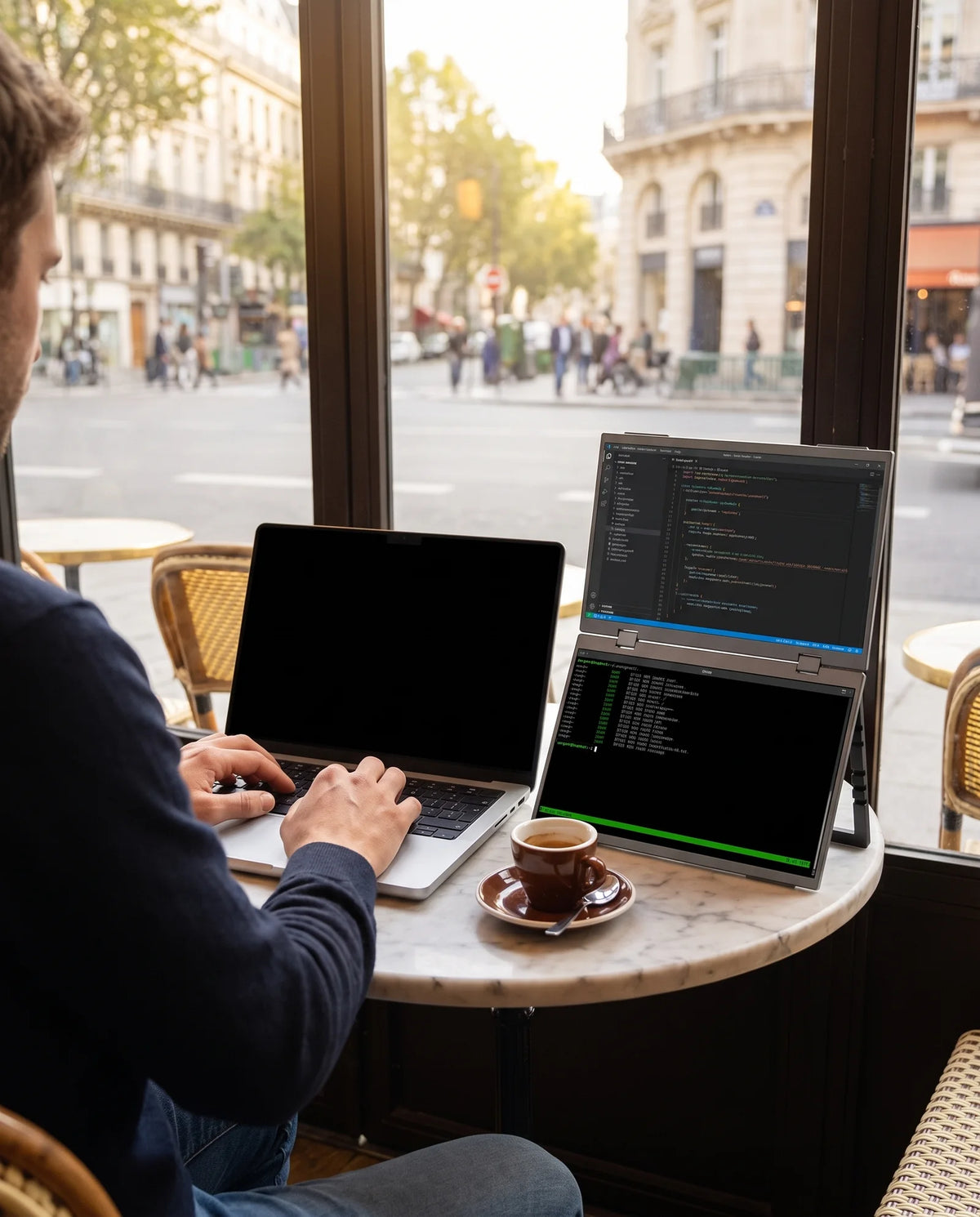 À côté du portable, sur une table de café