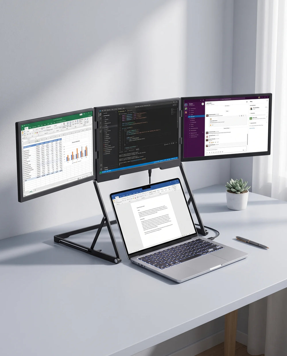 Triptyque Atlas — écran triple sur support