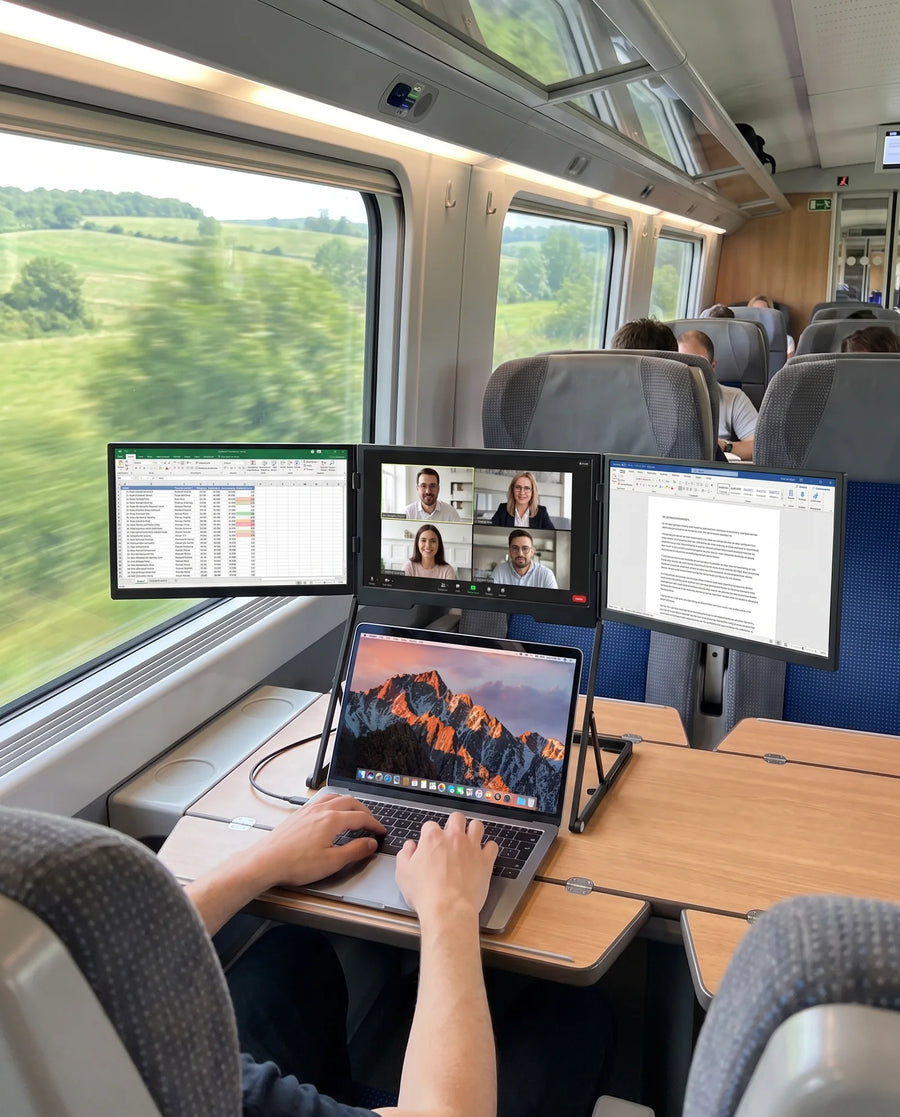 Le poste déplié sur une tablette de train
